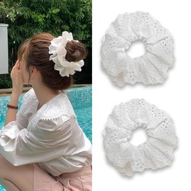 2 Pcs White Hair Scrunchies Large Hair Ties for Women White Lace Embroidery Hair Accessories Double Layer Lace Elastic Hair Bands for Ponytail Braid Hair Thick Thin Hair