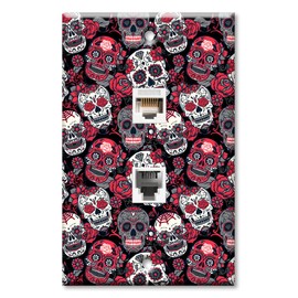 Art Plates - Decorative Printed 2 Port Data Wall Plate - RJ11 Telephone Jack Connector and RJ45 (Cat5, Cat6, Cat7) Ethernet Connector - Gold-Plated Contacts - New Day of the Dead