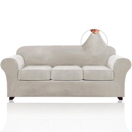 PrinceDeco 4 Pieces Couch Covers Velvet Couch Covers for 3 Cushion Sofa Soft Furniture Protector with Non Slip Elastic Bottom Washable Couch Covers Width Up to 90 Inch(Large, Oatmeal)