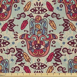 Ambesonne Hamsa Fabric by The Yard, Ornamental Pattern Colorful Sketch Design, Microfiber Fabric for Arts and Crafts Textiles & Decor, 3 Yards, Red Blue