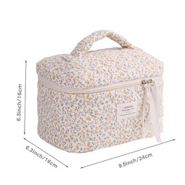 Makeup Bag Travel Toiletry Organizer,Large Quilted Cosmetic Bag for Women Make-up Bags Portable Cosmetic Brush Pouch Handle Zipper Storage Case,Floral Yellow
