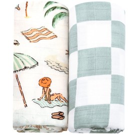 LifeTree Muslin Swaddle Blankets Neutral, Baby Swaddling Wrap Nursery Blanket for Boys & Girls Neutral, Soft 70% Viscose from Bamboo and 30% Cotton, Large 47 x 47 inches, Sandy Beach & Checkered