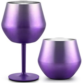 GINGPROUS 1 Pack Stainless Steel Wine Tumbler, 14oz Stainless Steel Wine Goblet with Detachable Stem, Insulated Champagne Glass with Cup Brush for Party Office Wedding Anniversary (Purple)