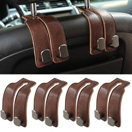 KINICA 4 Pack Car Seat Hooks for Headrest, PU Leather Purse Hook Holder - Double Hook Design for Bags, Phones, Groceries, Car Back Seat Storage Accessories (06-Coffee 4 Pcs)
