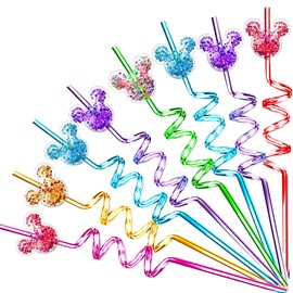 Reusable Spiral Straws with Cartoon Mouse Ears – Set of 8 Twisty Red & Black Drink Straws – BPA-Free Durable Plastic for Party Decorations, Smoothie, Juice, Milkshake, Themed Events & Favors