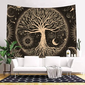 FORATER Tree of Life Tapestry Wall Hanging Sun Moon Stars Tapestries Aesthetic Galaxy Wall Tapestry Nature Home Decoration for Living Room Bedroom(61 x 82 Inch, Black and Gold)