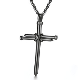 AZFVBQL Nail Cross Pendant Necklace for Men's Women with 22 Inch Stainless Steel Chain Black Gold Silver (Black)