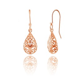 Rose Gold Flashed Sterling Silver Pear-Shape Filigree Polished Dangle Earrings
