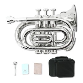 Yinfente B Flat Pocket Trumpet Bass Trumpet For Beginner,Student With Cleaning cloth, Silver plated 7C mouthpiece,hard case White gloves (Silver)