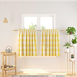 Cortinas de café de 30 pulgadas de largo a cuadros de búfalo para cocina, 2 paneles con bolsillo para barra, cortinas cortas, pequeñas de media ventana, baño amarillo y blanco