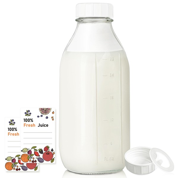 Syntic Square Liter Glass Milk Bottles with Lids - 100% Airtight Heavy Duty Screw Lid, 32 Oz Glass Juice Bottles w Scale Mark, Reusable Glass Jars for Homemade Juice(Extra 1 Lid)