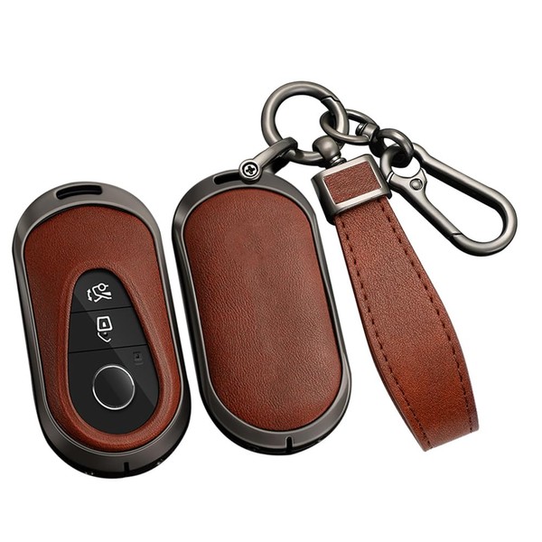 ontto Metal Car Key fob Cover Fit for Mercedes Benz C S Class W206 W223 S350 C260 C300 S400 S450 S500 fit for Maybach Smart Leather Key case Shell key holder keyring keychain accessories Black-brown
