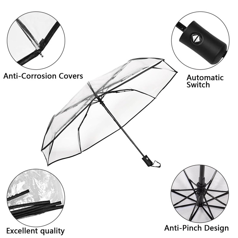 Wisebom Transparent Umbrella Automatic Folding Clear Umbrella Tri-fold 8 Ribs