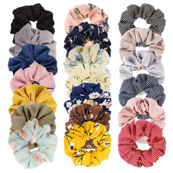 Velscrun 20 Pcs Floral Plaid Solid Color Scrunchies, Scrunchies for Girls Women with Chiffon, Hair Scrunchies for Women's Hair Elastics Bands Ponytail Holder Bulk, Hair Accessories Hair Ties Gifts