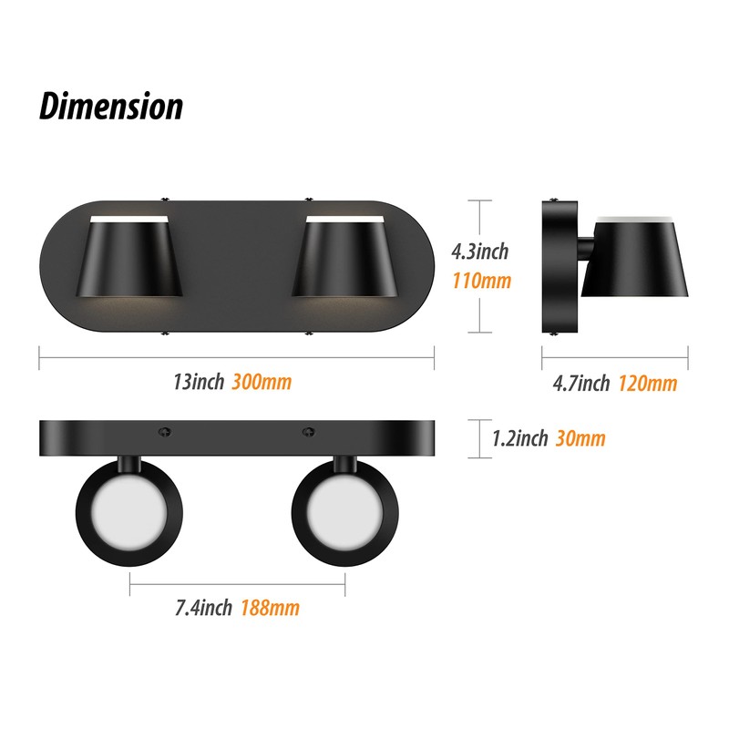 URSOLA 2 Light Bathroom Vanity Light, LED Black Bathroom Light