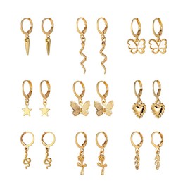 12 Pairs Gold Earrings Set for Women,Hypoallergenic Fashion Heart Butterfly Snake Pearl Link Drop Dangle Earrings Multipack Hoop Earring Jewelry (Gold9)