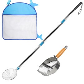 PAMISO Stainless Steel Beach Sand Sifter, 49.5in Long Beach Sifting Sand Connectable Pole Sets with Scoops, Baskets, Mesh Bag, for Picking Up Shells Shovels Shark Teeth