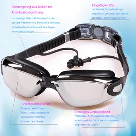 HSTWODE Optical Swimming Goggles with Prescription, One Piece Swimming Goggles with Earplugs, Dioptres: -1.5 to -8.0, Anti-Fog UV Protection, Free Beautiful Box (Pink, Plated -1.5)