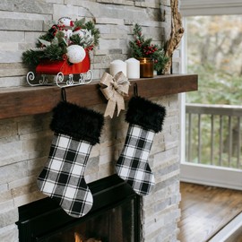 Etistta Buffalo Plaid Christmas Stockings 20 inch, Faux Fur Christmas Stocking for Xmas Holiday Fireplace Decorations (Black)