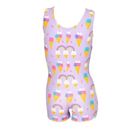 Destira Bear-y Chill Gymnastics Unitard for Girls, Purple Tank Biketard with Bear Ice Cream Cone Design & Matching Scrunchie, Child Small (6)