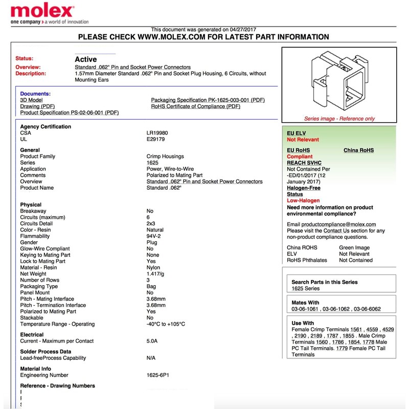 Molex (9-Circuits) Male & Female Receptacle Plug, w/Terminal sockets w/18-24