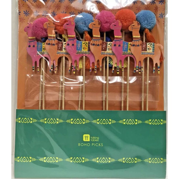 Table Fun Food Picks On Wooden Sticks Llama Design Pom-Poms