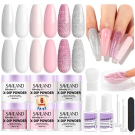 SAVILAND Dip Powder Nail Kit: 6 Classic Colors Dip Nails Powder Starter Kit with Vitamin Castor Oil Dip Base & Top Activator Pink Glitter Clear Keratin Dip Nail Kit For French Nail Art Manicure Salon
