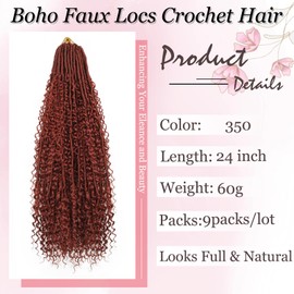 Haftaluv Boho Faux Locs Crochet Hair 9 Packs Long Goddess locs 24 Inch Boho Soft Locs With Curly Ends Pre Looped Bohemian River Loc Crochet Hair For Women (24 inch,#350)