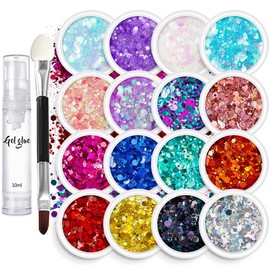 16 Colour Chunky Glitter Set, Body Glitter Kit with Brush & Glue - Sparkle Makeup Set for Face, Body,Eyes,Lips,Body,Nails,Hair,Long Lasting Festival Glitter,Safe for Skin,Perfect for Parties & Cosplay