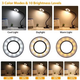 TBTeek LED Klemmleuchten, 48 LED Leselampe Bett Klemmbar, Augenpflege Schreibtischlampe, 3 Modi & 10 Dimmstufen, Klemmleuchte für Büro Heimgebrauch, CE Adapter Enthalten, Schwarz(2 Pack)