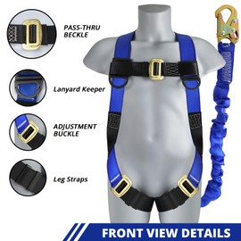 TRSMIMA Safety Harness Fall Protection - Full Body Construction Roofing Harness Kit Attached 6 ft Lanyard ANSI OSHA