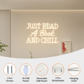 Neonawall Just Read a Book and Chill White LED Neon Sign - Dimmable USB Wall Art 16.5x10.6 Inches - Reading Room Decor, Study Corner Lighting, Bookstore Cafe Ambiance