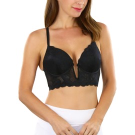 ToBeInStyle brasier en V convertible Deep Plunge para mujer, Sujetador de encaje floral con aros, doble push up, profundo escote en V, con 3 ganchos, color negro, 34B
