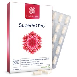 Healthspan Super50 Probiotic, Support for a Healthy Intestinal Flora with Vitamin D3 and Calcium, Reduces Fatigue with Vitamin B6, High-Quality Formula, Lactose Free, Vegetarian, 60 Capsules