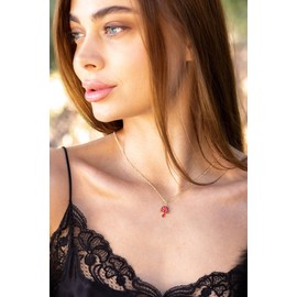 House of fung Mushroom Pendant, Gold Plated Mushroom Necklace with Cubic Zirconia Gems, Stainless Steel Yellow Gold Necklace, Gold Charm Necklace for Women, Red