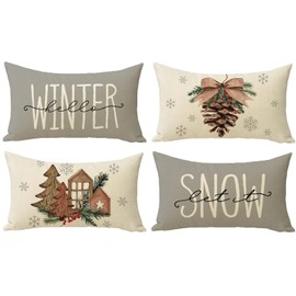 Ussap Hello Winter Pine Cone Decorative Throw Pillow Cover Set of 4, Let It Snow Wooden Christmas Tree Grey Cushion Case Decor, Gray Farmhouse Rustic Pillowcase Decorations for Sofa Couch 12 x 20
