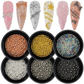 HNUIX Nail Beads - Mixed Size, 6 Colors, Round, Metal Steel Beads Nail Charms, Caviar Beads Nail Accessories for Acrylic Nails, Manicure DIY Crafts Decorations