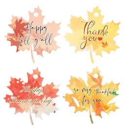 80 Pcs Fall Gift Tags Maple Leaves Favor Paper Tag with String 3 Inch Thanksgiving Tag Thank You Favor Tags Happy Thanksgiving Hanging Labels for Autumn, Thanksgiving, Wedding, Craft Presents
