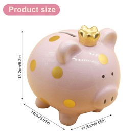 Children's Piggy Bank Lucky Pig Money Box for Girls, Ceramic Piggy Bank Small 11.8 x 14 x 13.2 cm, Princess Crown Money Box for Boys Girls Adults Gift Idea Decoration (Pink)