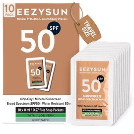 EEZYSUN Paquetes De Protector Solar Minerales Spf 50 Tamaño Viaje  Infundido Con Aloe Vera  Vegano Y Seguro Para Arrecifes  Amplio Espectro, No Grasa 