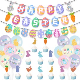 50Pcs Happy Easter Party Decorations Set - Christian Easter Decor Egg Bunny Party Supplies Include Theme Balloons, Banner & Cupcake Toppers for Spring Easter Home Birthday Party