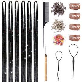 Hair Tinsel Kit, Black Hair Tinsel With Tools 48 Inch 1500 Strands Fairy Hair Tinsel Heat Resistant Glitter Tinsel Hair Extensions, Christmas Sparkling Hair Tinsel Kit for Girls (Black)
