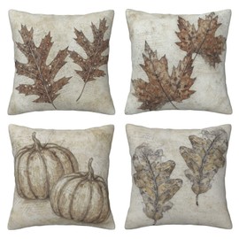 HDVUHKI Fall Pumpkin Pillow Covers 18x18 inch Set of 4, Linen Autumn Outdoor Thanksgiving Harvest Maple Fallen Leaves Rustic Farmhouse Decorations for Sofa Couch