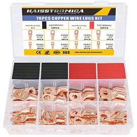 Haisstronica 76PCS Copper Wire Lugs with Heat Shrink Tube 3:1 Kit(AWG 6 4 2 1),Heavy Duty Battery Cable End,Bare Copper Crimp Connectors,Eyelets Tubular Ring Terminals