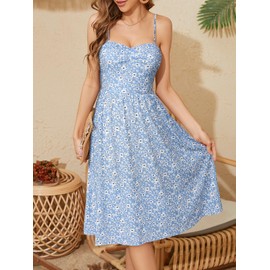 Sureple Sleeveless Summer Dresses for Women 2024 Blue Beach A Line Fitted Cotton Sundress Spaghetti Strap with Pockets(SP308-Blue White F 03-XL)