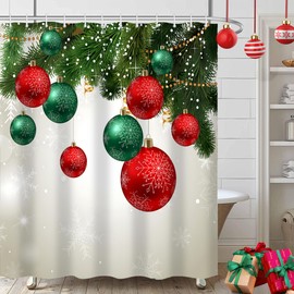JOOCAR Christmas Shower Curtain Red and Green Christmas Balls Hanging On Pine Tree Branch Bathroom Shower Curtains for Bathtub Decor with Hooks 72x72 Inch