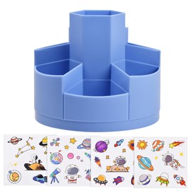 xianynow Rotating Pen Holder, Desk Organiser with 7 Compartments, Large Capacity 360° Pen Holder, Desk, Multifunctional Pen Organiser for Children with Decorative Stickers (Blue)