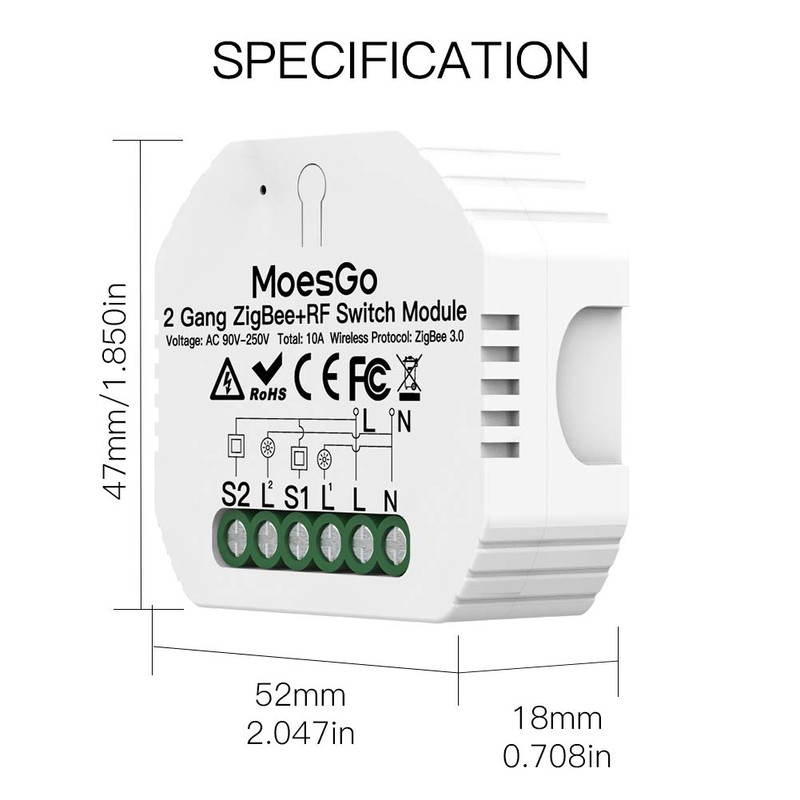MoesGo ZigBee MESH Smart Alexa Lichtschalter Unterputz Funk Relais, Wireless