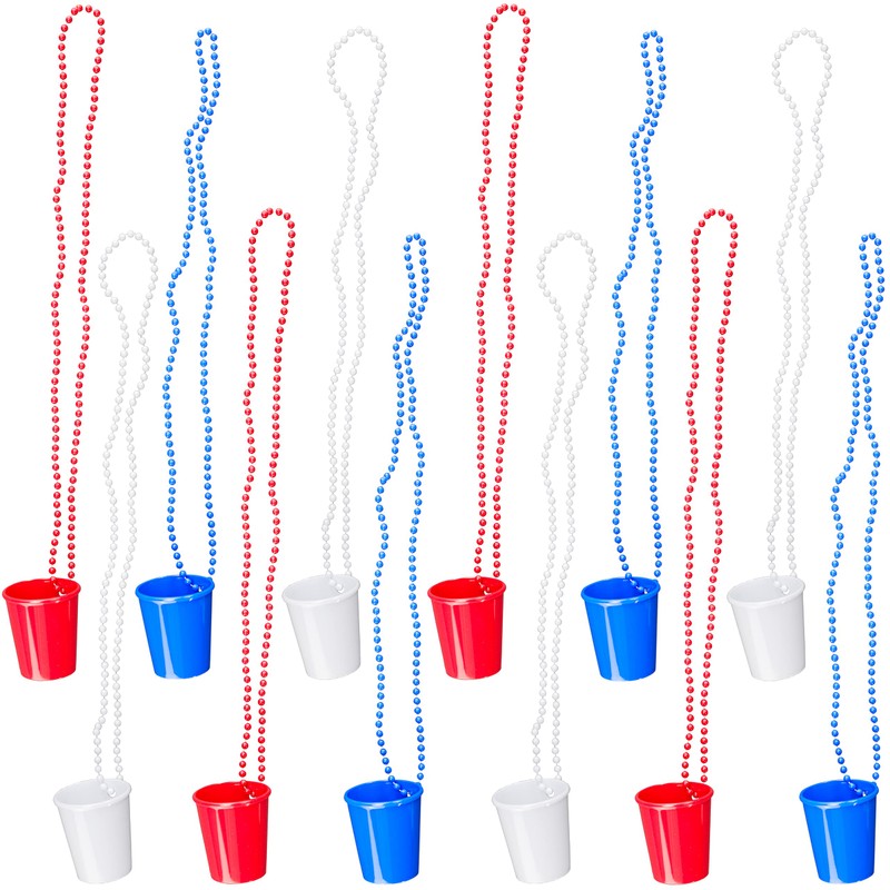 Iconikal Shot Glass on Beaded Necklace, 12-Pack (Red, White, Blue)