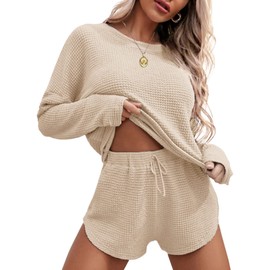 Ekouaer Womens Waffle Knit Pajama Sets Long Sleeve Top and Shorts Matching Lounge Set Sleepwear Loungewear Sweatsuit with Pockets Nude Medium